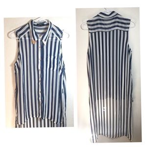Sheer Navy Blue White Pinstripe Hi Low Duster Vest
